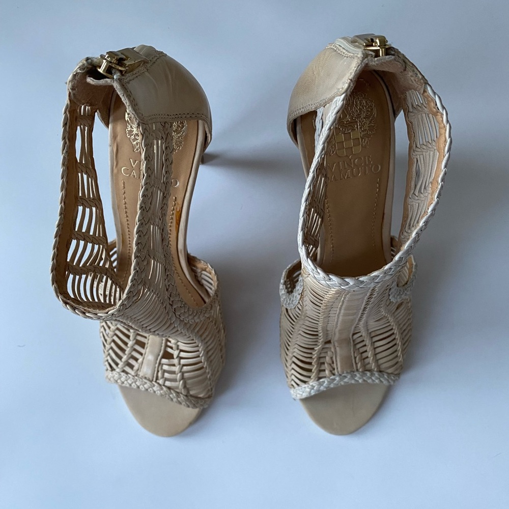 cream leather Vince Camuto woven high heel peek toe ankle bootie - Picture 4 of 9